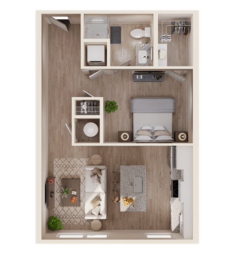 Floor plan for 1 bed, 1 bath, 591 sqft